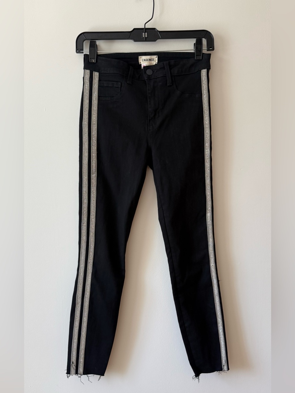 L’AGENCE Black Skinny Jeans Rhinestone Side Stripe Like New